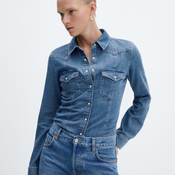 Mango Chest-pocket denim shirt in Blue Medium/XL - Picture 1 of 13